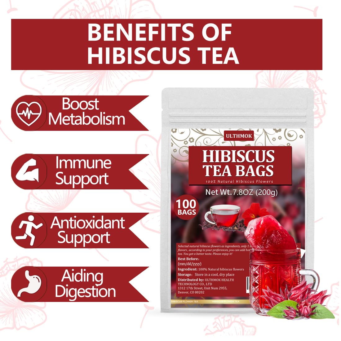 Premium Hibiscus Tea Bags,100 Tea Bags/7.06 Oz,100% Pure Dried Hibiscus Flower,Natural & No Additives,Caffeine Free.
