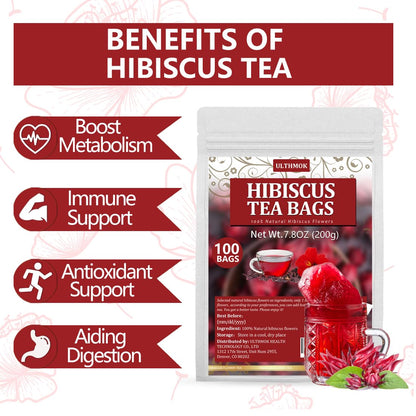 Premium Hibiscus Tea Bags,100 Tea Bags/7.06 Oz,100% Pure Dried Hibiscus Flower,Natural & No Additives,Caffeine Free.