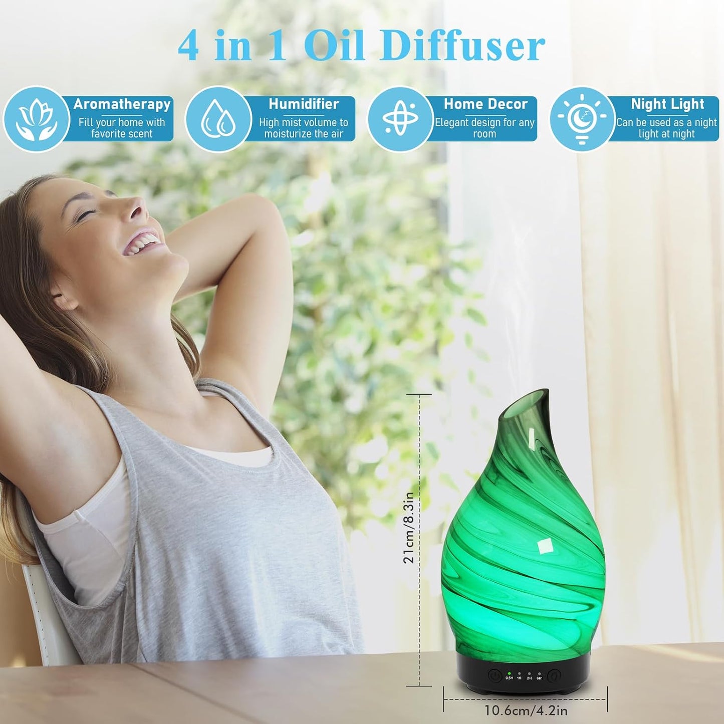 Essential Oil Diffuser 120ML Glass Aromatherapy Diffuser with 4 Timer Settings & 7 Color Changing Lights, Auto Shut-Off, Ultra Quiet Oil Diffuser for Home, Office, Yoga, Spa