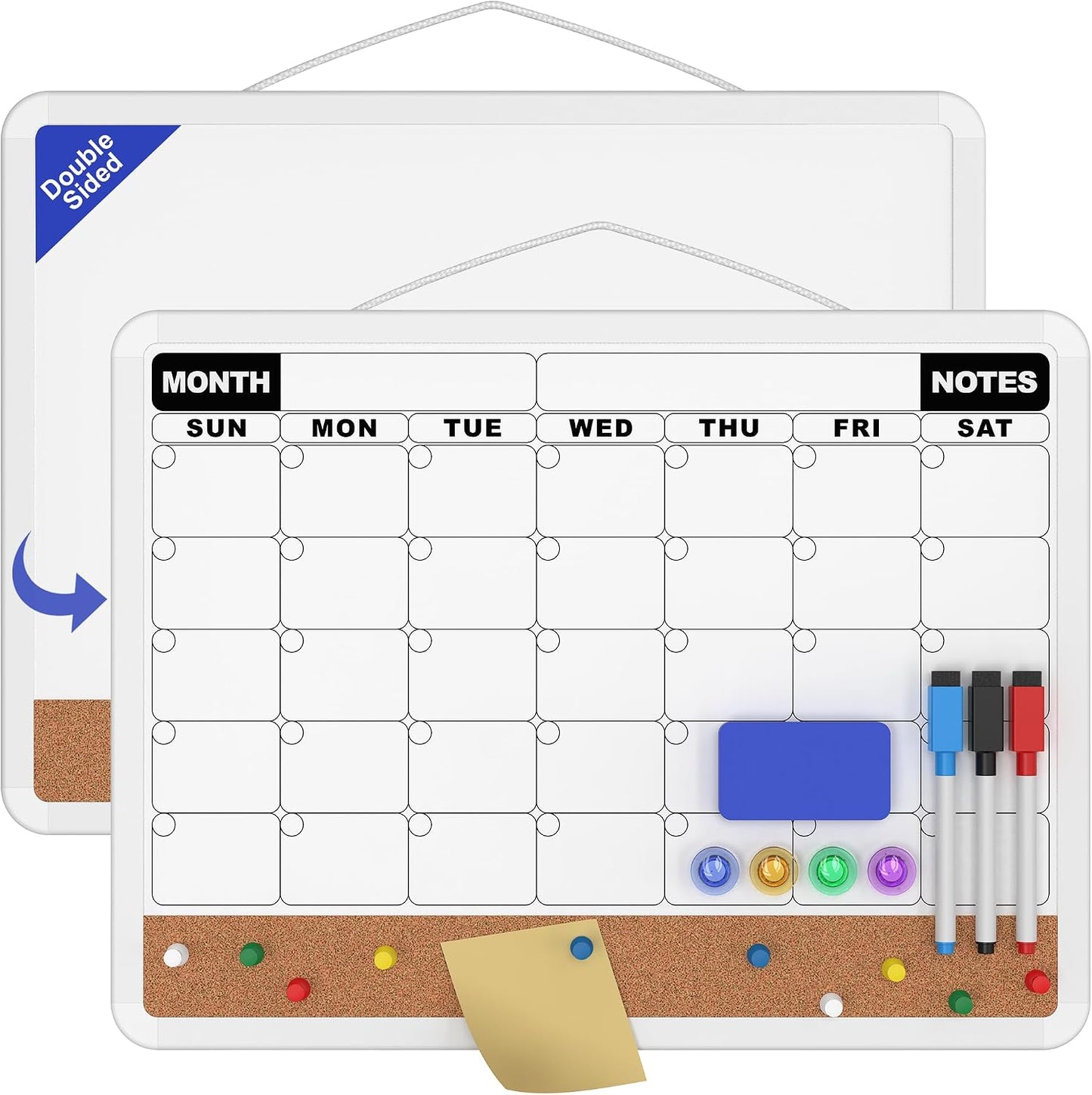Monthly Calendar Dry Erase Board 16x12 Inch, Double-Sided Whiteboard and Corkboard Combo, Wall Mounted Planner Organizer with Markers, Magnets, Push Pins, Eraser, for Home Office School