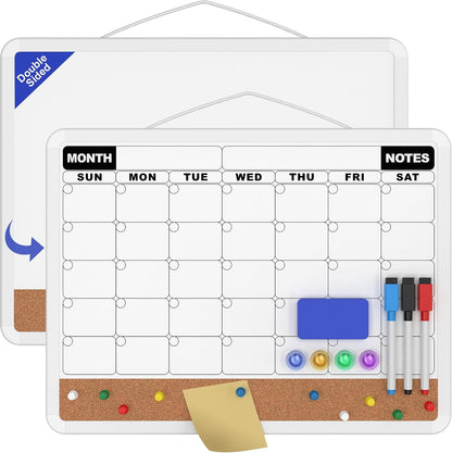 Monthly Calendar Dry Erase Board 16x12 Inch, Double-Sided Whiteboard and Corkboard Combo, Wall Mounted Planner Organizer with Markers, Magnets, Push Pins, Eraser, for Home Office School