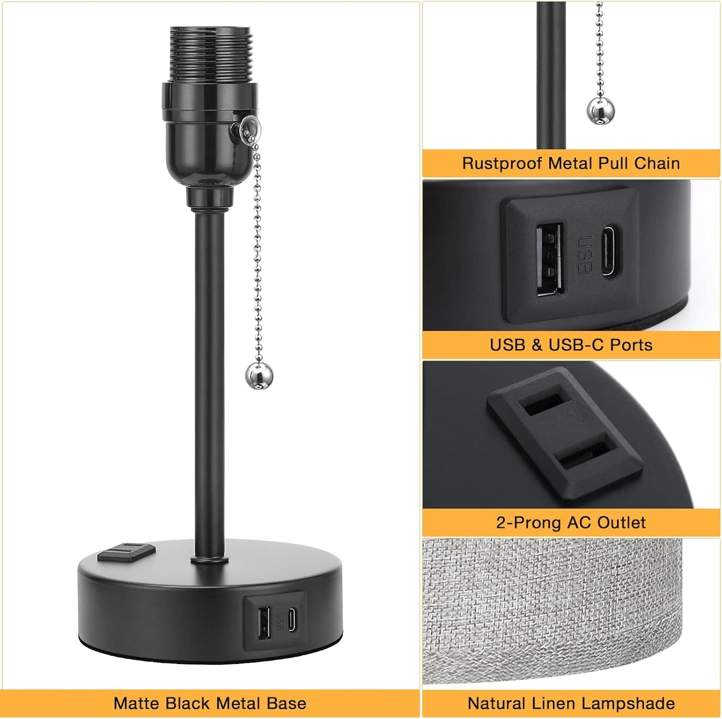 Small Bedside Table lamp for Bedroom - 3 Color Temperatures Bedside Lamps with USB C and A Ports, Pull Chain Table Lamps with AC Outlet, White Nightstand Lamps with Black Metal Base for Kids Reading