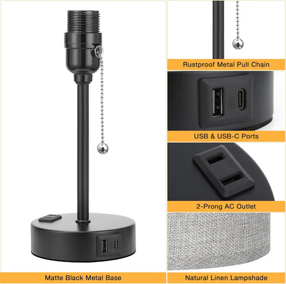 Small Bedside Table lamp for Bedroom - 3 Color Temperatures Bedside Lamps with USB C and A Ports, Pull Chain Table Lamps with AC Outlet, White Nightstand Lamps with Black Metal Base for Kids Reading