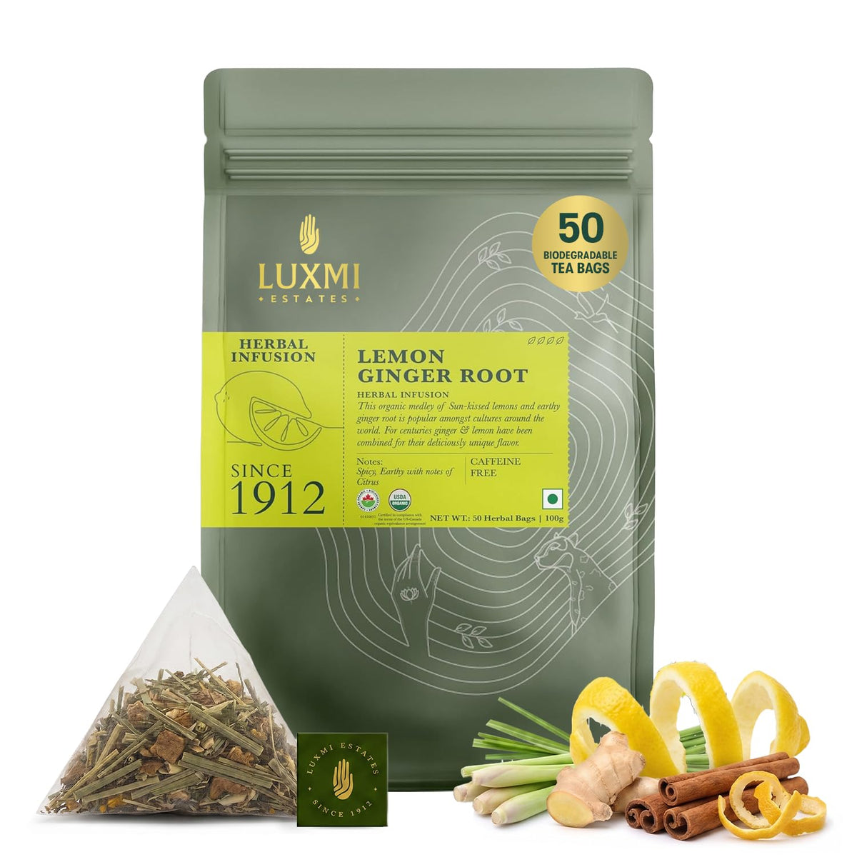 Luxmi Estates Organic Lemon Ginger Root Tea for Digestion & Immunity | Caffeine Free | 50 Biodegradable Teabags (50 cups)