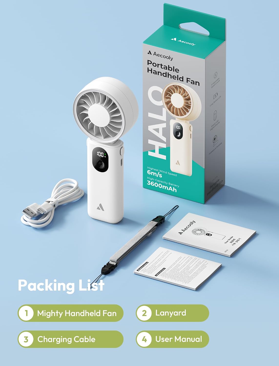 Aecooly Mighty Portable Handheld Fan | 20H Max Cooling | 3 Flexible Modes