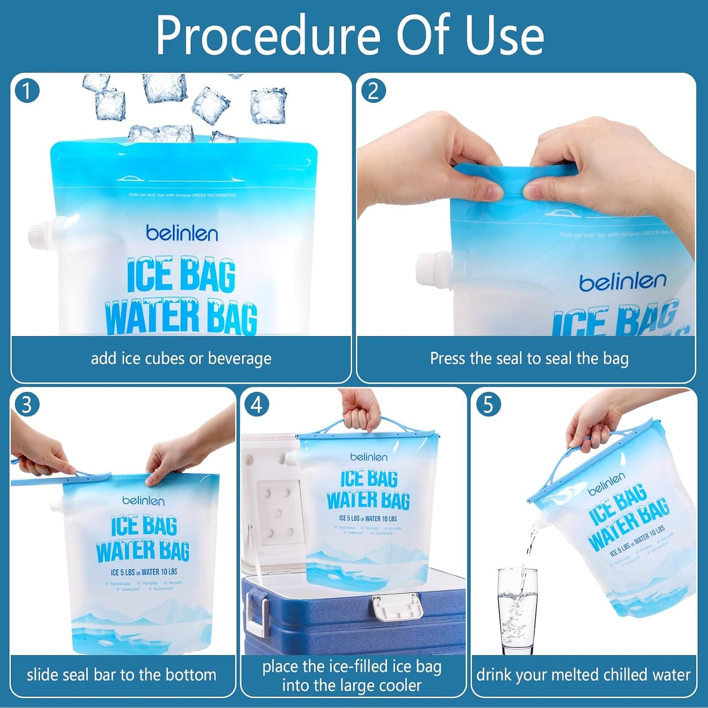 6 Pack Reusable Ice Bags for Cooler 5lb Cooler Ice Cube Bag with Sealed Sliding Handle