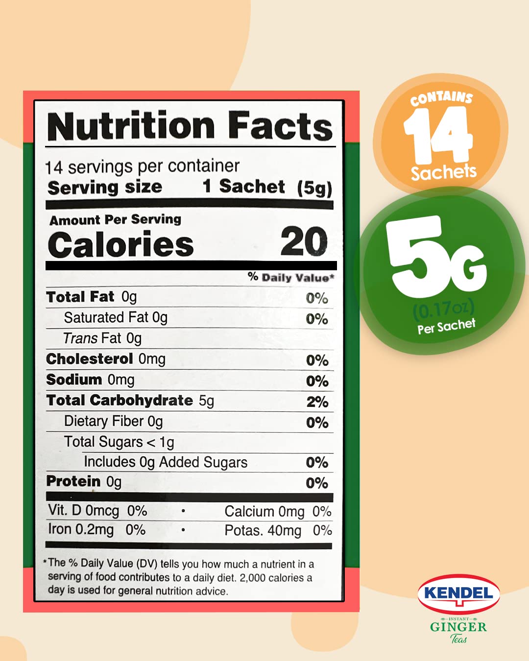 Kendel Instant Ginger Turmeric Tea - 14 Sachets, Unsweetened