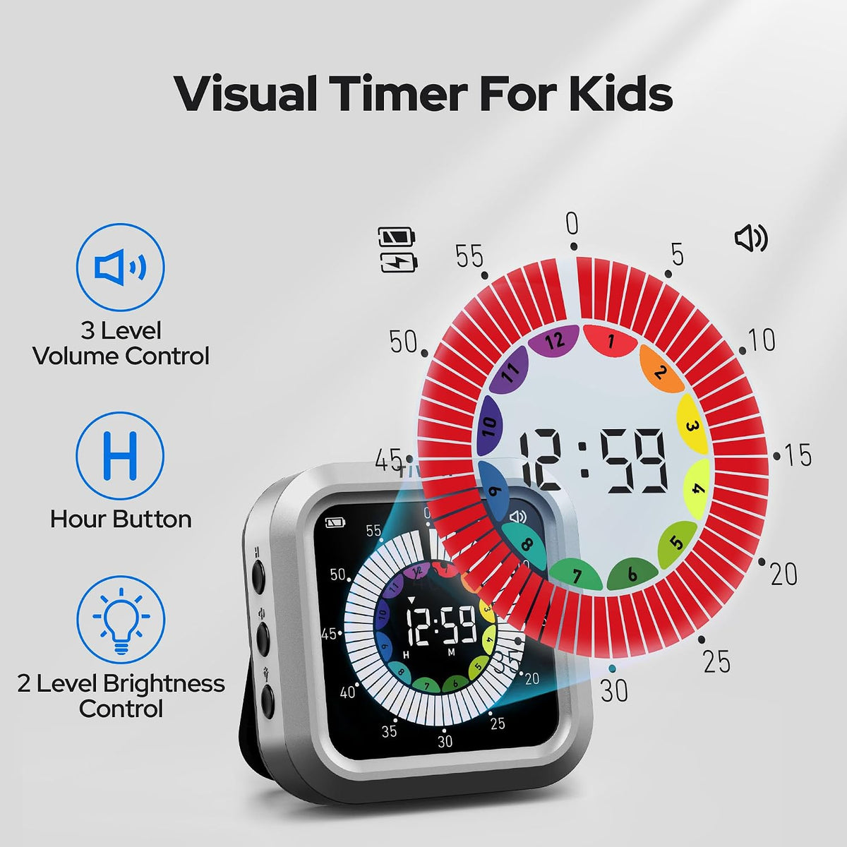Visual Timer for Kids with Color Display Kitchen Timer 1500mAh Battery