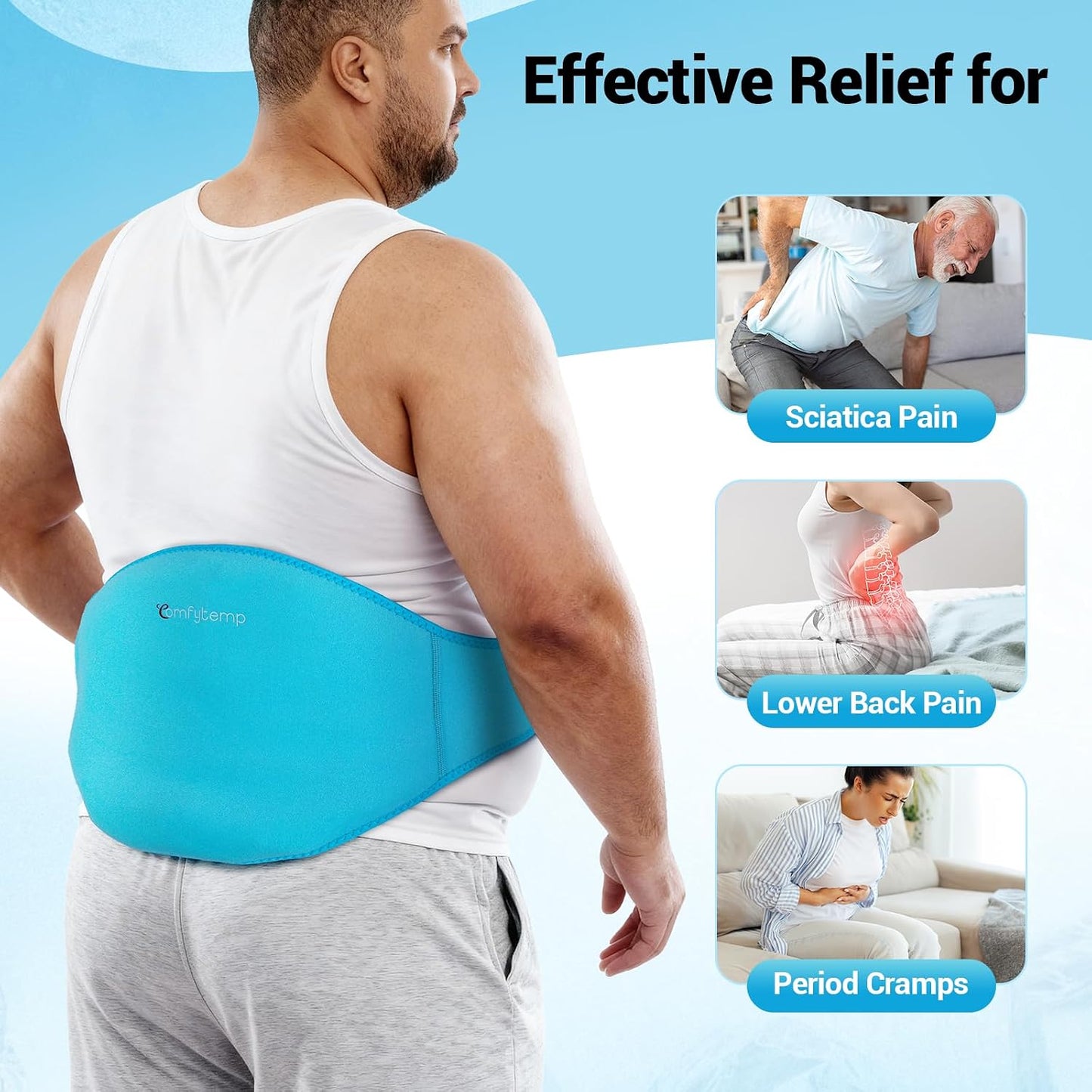 Comfytemp Large Ice Pack for Injuries Reusable Gel Ice Pack for Lower Back Pain Relief, Sciatica, Hot Cold Wrap Compress Recovery Item for Surgery, Swelling, Lumbar, Shoulder, Knee, Hip, for Men Women