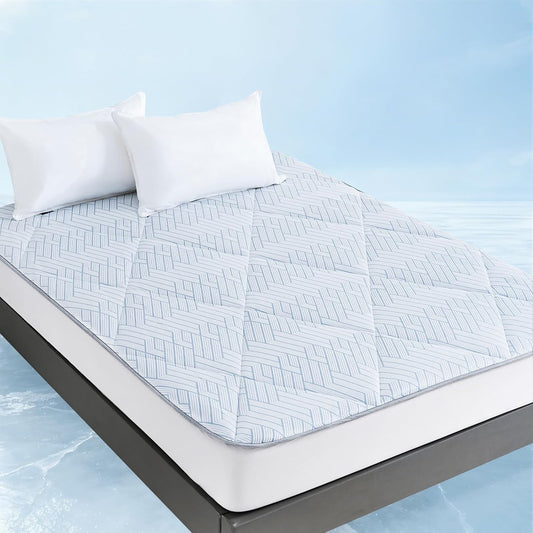 YOUR MOON Cooling Mattress Pad Queen Size for Hot Sleepers, Soft Breathable Noiseless Bed Pad Mattress Cover, Quilted Fitted Pillow Top Mattress Cover with 8"-16" Deep Pocket (Blue White, 60x80)