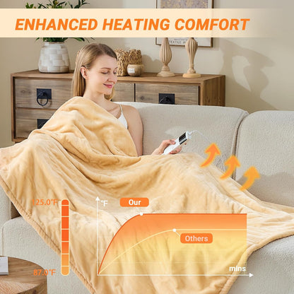 Electric Blanket Heated Throw, Soft Flannel 50"x60" Heating Blanket with 8 Hours Auto Off 10 Fast Heating Levels Machine Washable Sherpa Heated Blanket with Overheating Protection