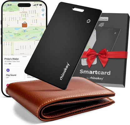Rhinokey® Apple Find My Wallet Tracker Card, MFi Certified Bluetooth Tracker for iPhone, 0.07in Slim Credit Card Item Finder, IP68 Waterproof Rechargeable, Locator for Wallet, Luggage, Passport