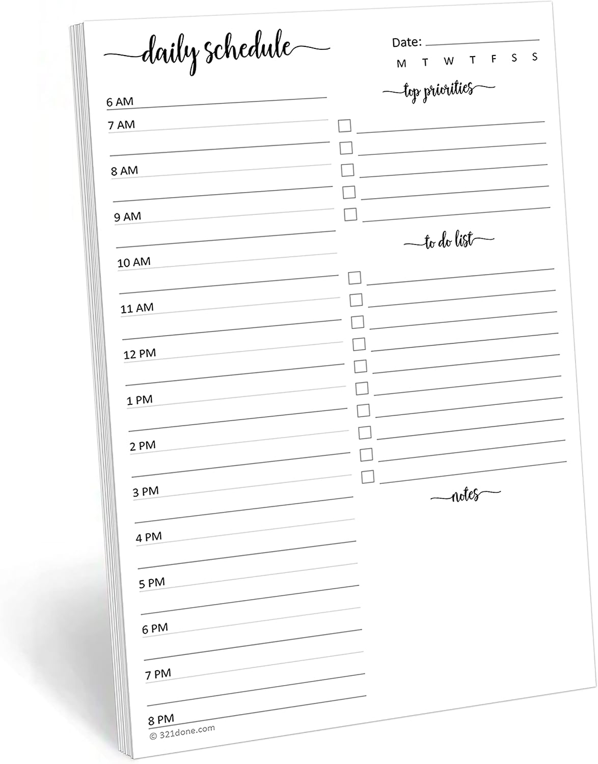321Done Daily Schedule Planning Notepad - 5.5x8.5 Hourly Appointment Daily Planner To Do Checklist, 50 Sheets Tear-Off Note Pad - Made in USA
