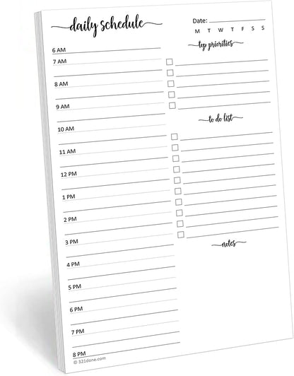 321Done Daily Schedule Planning Notepad - 5.5x8.5 Hourly Appointment Daily Planner To Do Checklist, 50 Sheets Tear-Off Note Pad - Made in USA