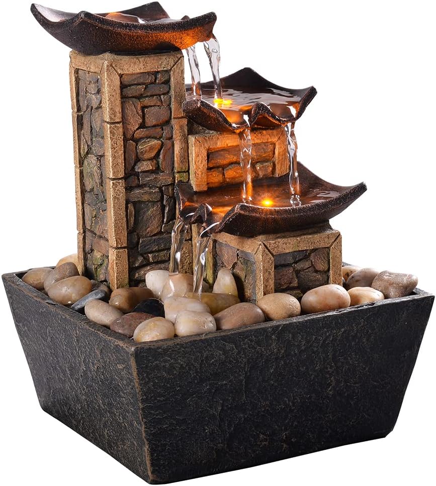 GOSSI Indoor Waterfall Fountain, 10.3" Tabletop Water Fountain with LED Lights & River Rocks, Relaxing Home Office Decor