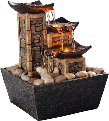 GOSSI Indoor Waterfall Fountain, 10.3" Tabletop Water Fountain with LED Lights & River Rocks, Relaxing Home Office Decor