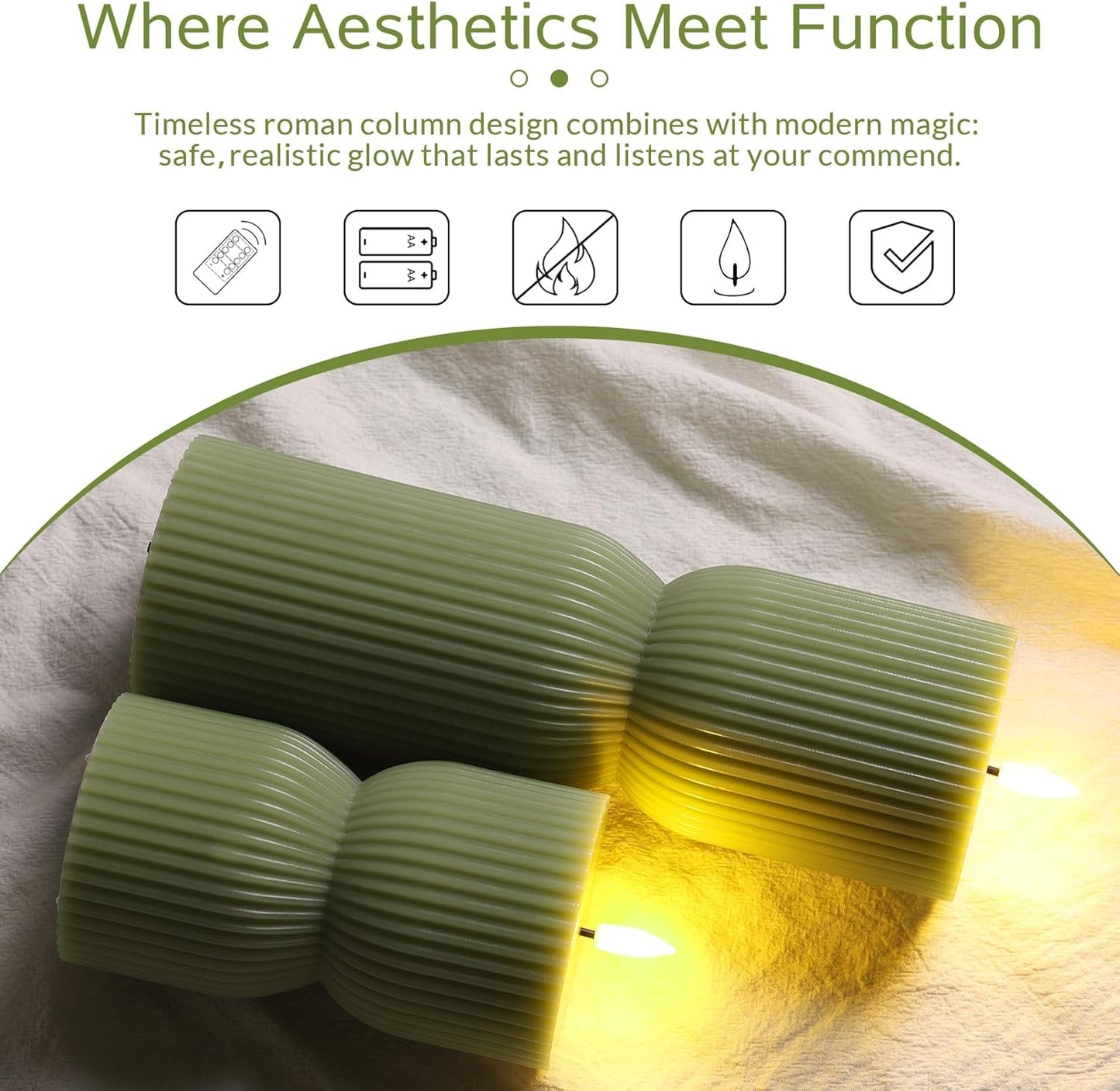 White Ribbed Flameless Pillar Candles with Remote, Real Wax Flickering Battery LED Candles Set of 2
