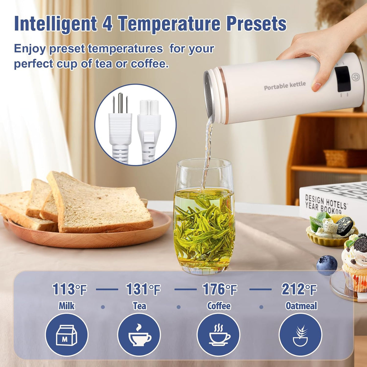 Touxila Portable Electric Kettle for Travel 120V, 13.5oz, 4 Temp Settings