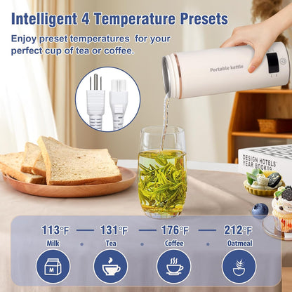 Touxila Portable Electric Kettle for Travel 120V, 13.5oz, 4 Temp Settings