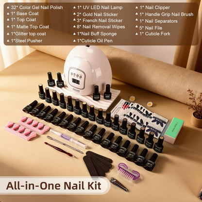 JODSONE Gel Nail Polish Kit with U V Light 32 Colors Gel Polish Nail + 4 Functional Adhesive Bottles Kit Soak Off Manicure Tools Gifts for Women