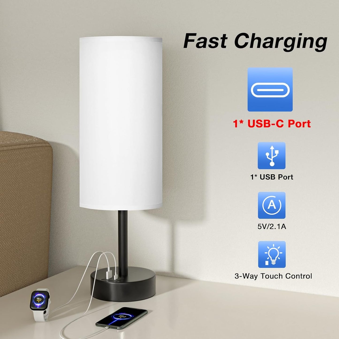 Dicoool Touch Table Lamp for Bedroom, 3 Way Dimmable Bedside Lamp with USB C & A Charging Ports - Small Desk Lamp for Dorm Room, College, Kids, Office, Living Room, White