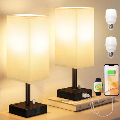 Bedside Table Lamps Set of 2 for Bedroom - Dimmable, USB C+A, 2 AC Outlets