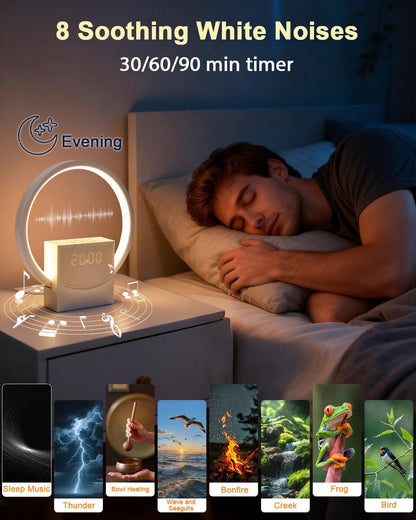 Wake Up Light Sunrise Alarm Clock for Heavy Sleepers Adults,White Noise Sound Machine with 8 Natural Sounds,Digital Alarm Clock with 3-Level Lighting,30/60/90 Timer,Snooze,USB Charger Port