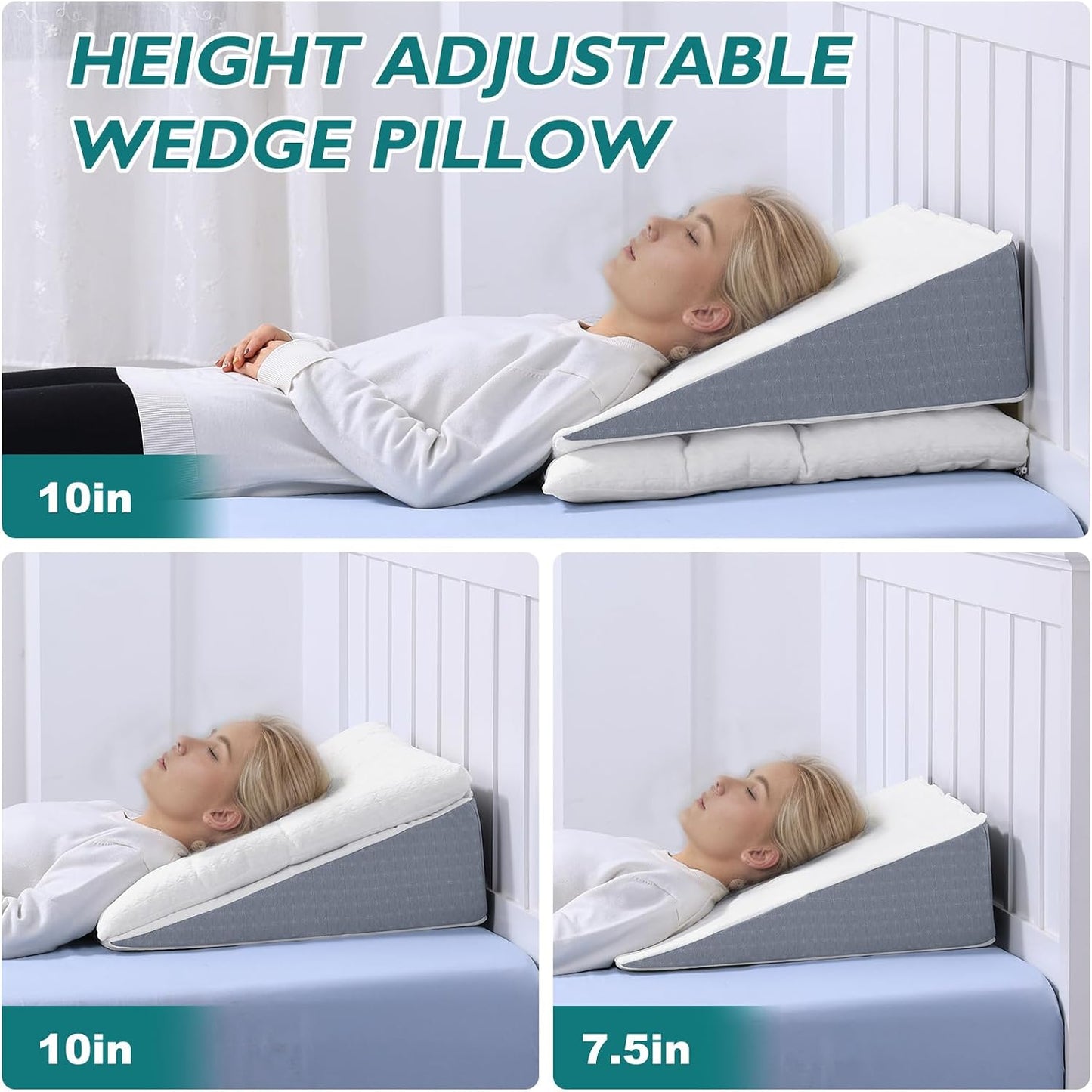 Bed Wedge Pillow for Sleep Apnea 7.5Inch Gerd Pillow Patent Dual Layer Triangle Pillow Adjustable Shredded Memory Foam Topper Soft Support Ideal for Acid Reflux, After Surgery, Snoring
