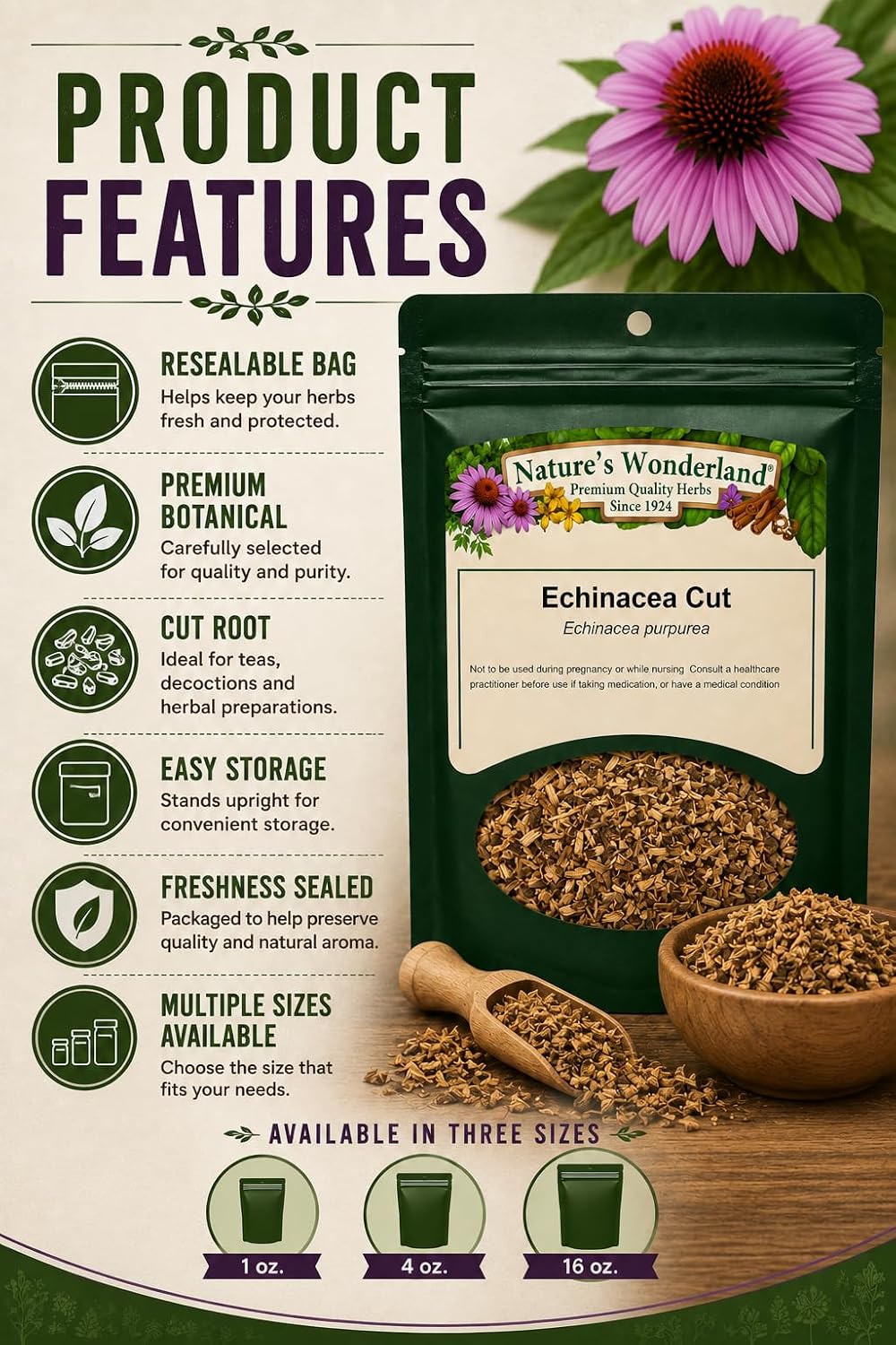 Nature's Wonderland Echinacea Purpurea Root Cut 4oz. (Echinacea purpurea) – Wild Harvested Herbal Tea Cut | Premium Botanical Ingredient | No Fillers | Herbal Tea, Decoctions & DIY Herbal Preparations
