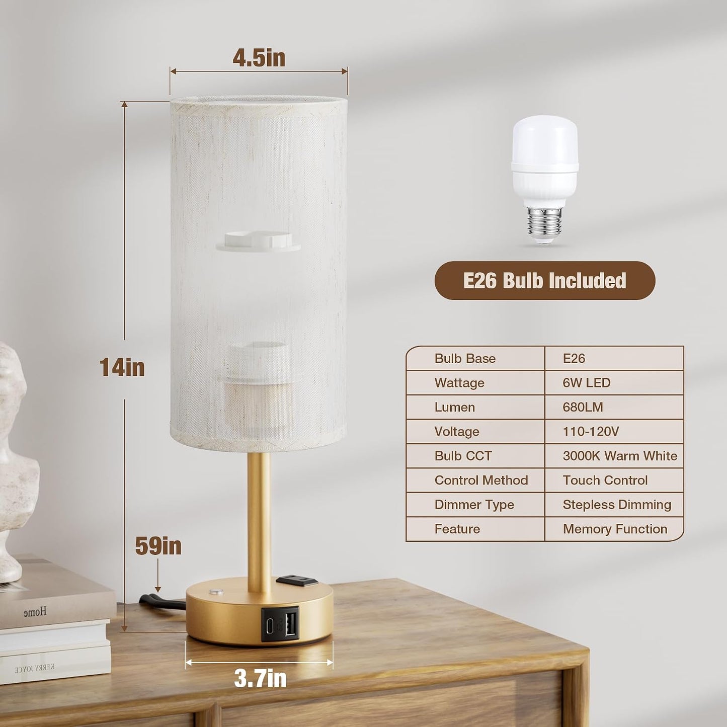 Touch Bedside Table Lamp with Memory - Stepless Dimmable Lamp for Bedroom, Small Nightstand Lamp with Dual USB Charging Ports and AC Outlet, Wood Night Light, Desk Lamp for Nursery, Living Room, Dorm