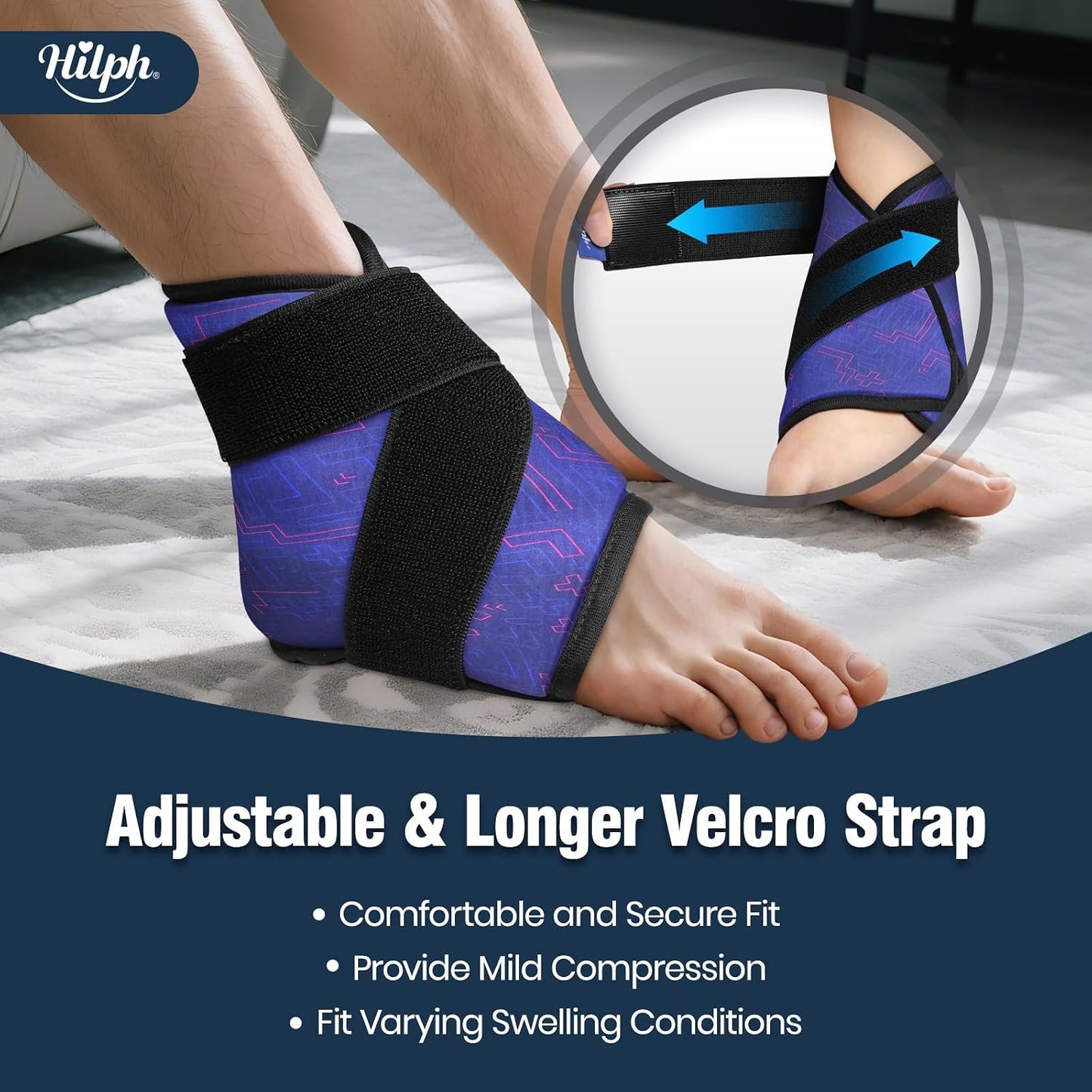 Hilph Ankle Heel Ice Pack Wrap for Swelling & Achilles Tendonitis, Reusable Ice & Compression Therapy Flexible Foot Gel Ice Pack Wrap for Ankle Sprain & Plantar Fasciitis Pain Relief (Blue, 1 Pack)
