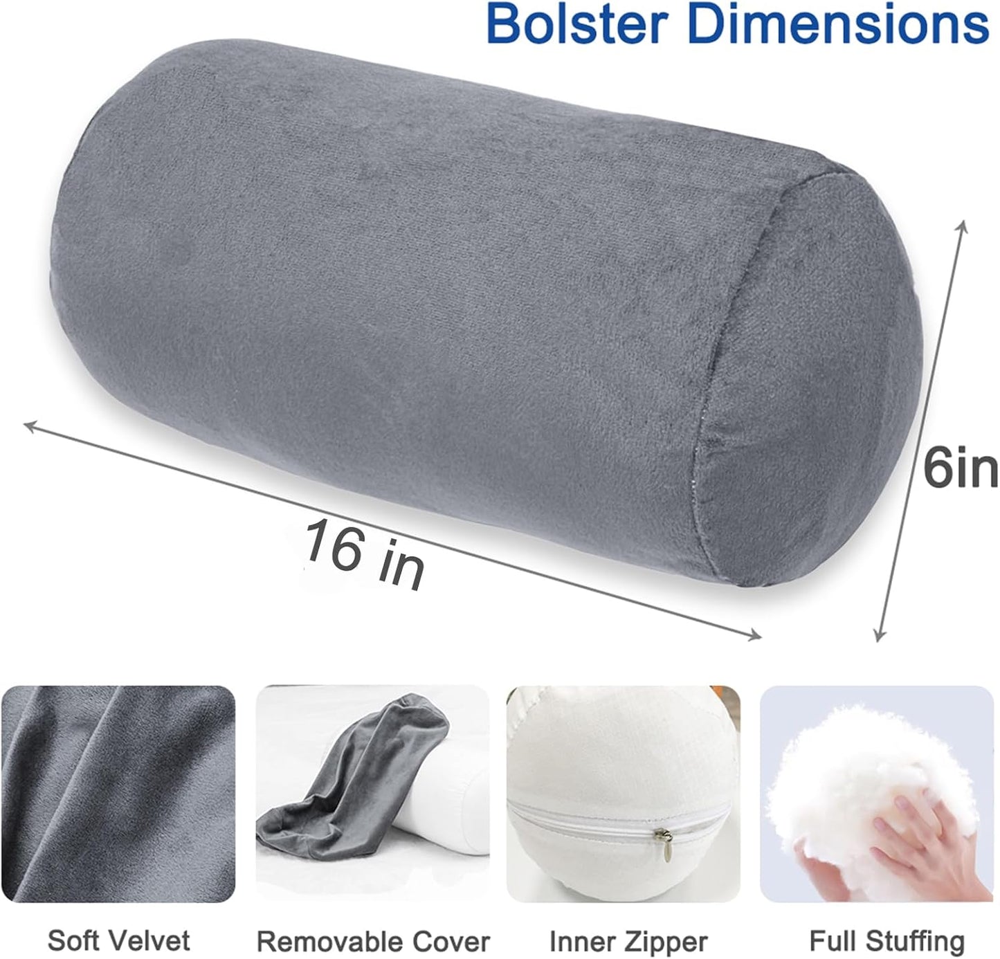 1 MIDDLE ONE Round Cylinder Bolster Pillow with Removable Velvet Cover, Tube Roll Cervical Pillow for Head, Neck, Back and Legs Support, 13"x 6", Blue