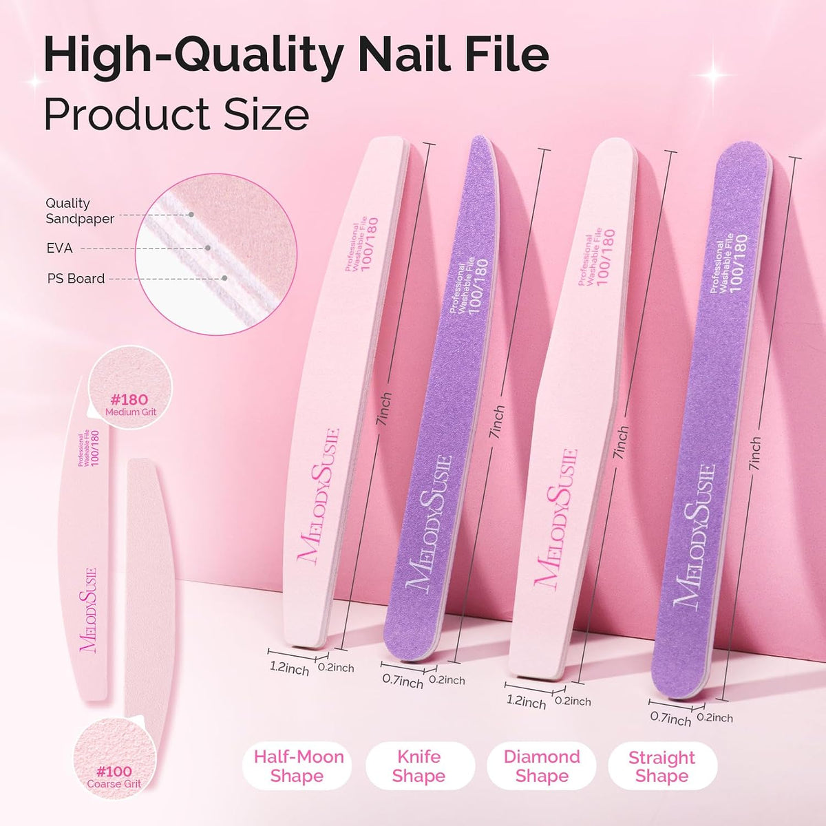 MelodySusie 16Pcs Professional Nail Buffer Kit,Nail Files and Buffers,Nail Buffer Block,Nail Brush, Nail File Buffers Kit for Natural Nails,DIY,Home Use,Salon（100/180 Grit）