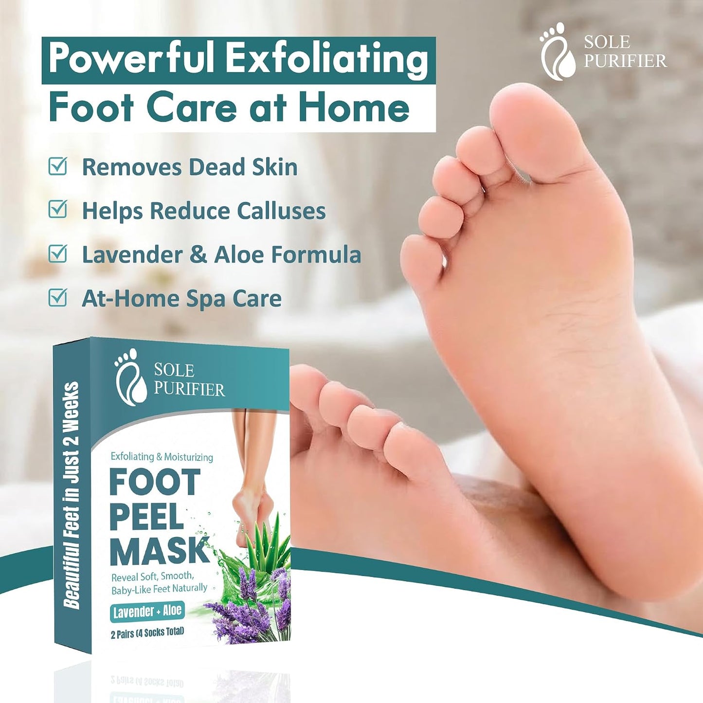 Foot Peel Mask 2 Pack, Exfoliating Foot Mask for Dead Skin & Callus Removal, Peeling Treatment with Lactic Acid, Aloe Vera & Lavender, Smooth Soft Feet at Home for Men & Women