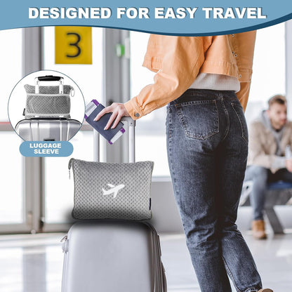 Travel Blanket Airplane Compact with Bag, Travel Essentials 3 in 1 Packable Airplane Blanket, Travel Pillow and Blanket Set, Inflatable Pillow, Luggage Sleeve & Backpack Clip (Light Grey)