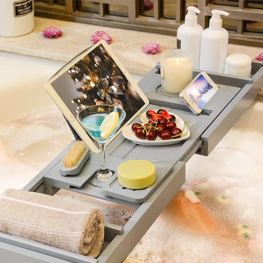Bath Caddy Tray for Bathtub - Bamboo Adjustable Organizer Tray for Bathroom with Free Soap Dish Suitable for Luxury Spa or Reading