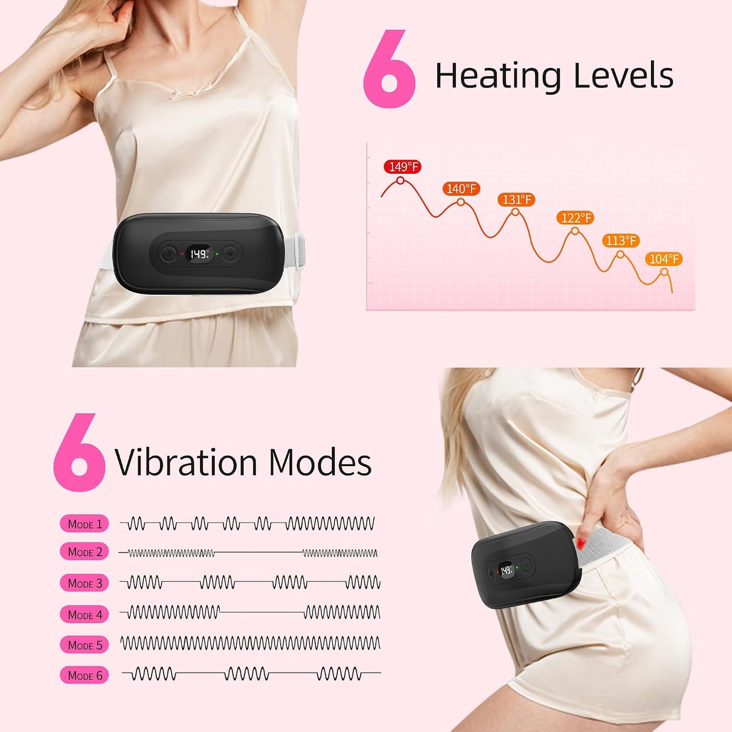Portable Heating Pad: 2 Timer 6 Heat Levels 6 Vibration Modes Cordless Electric Heating Pad 3s Fast Heating Travel Heating Pad Gifts for Women Christmas Birthday Pink