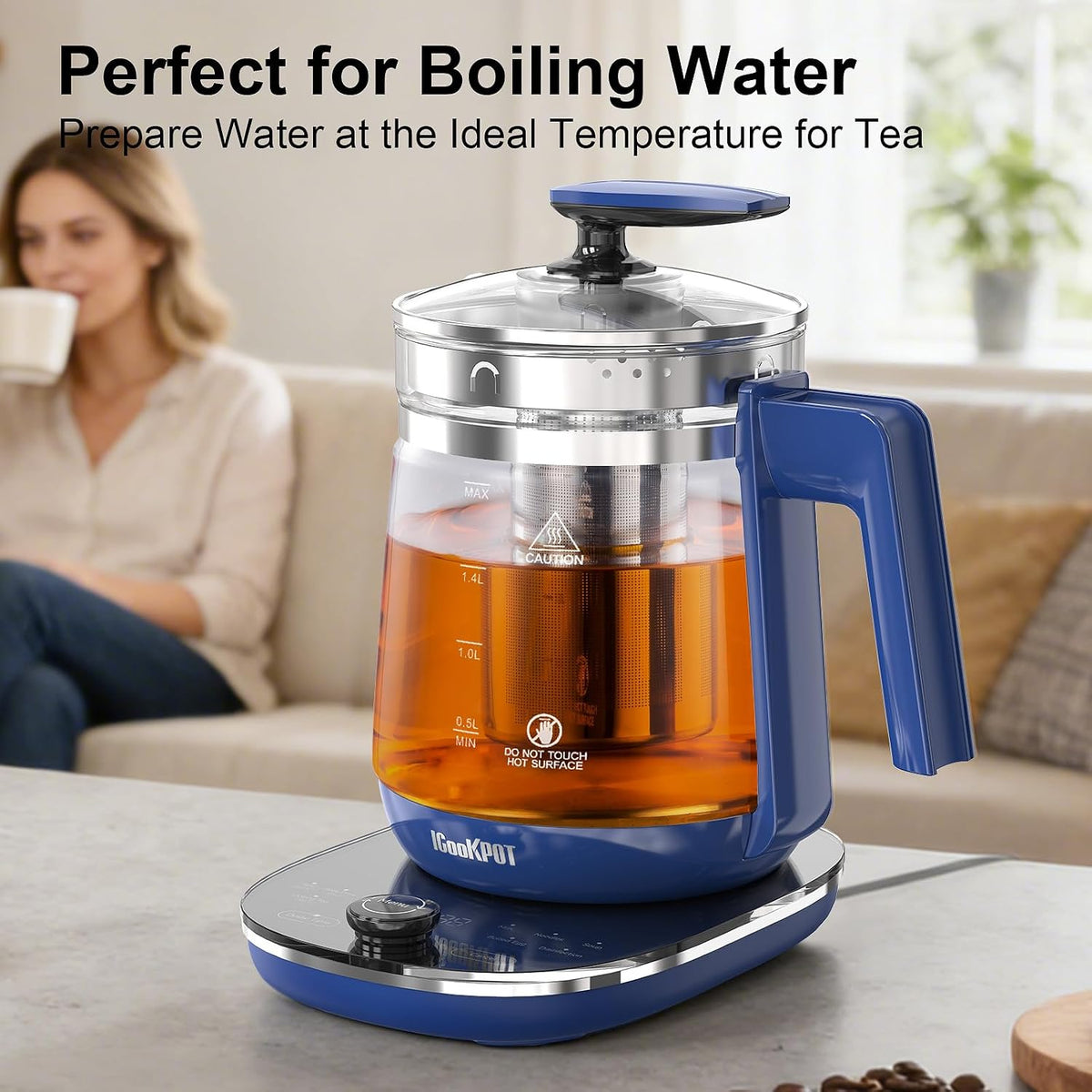 Electric Kettle 1.5L Borosilicate Glass, 1200W Temperature Control Tea Kettle with Auto Shut-Off & Boil-Dry Protection, BPA-Free Stainless Steel Base, Fast Boil for Coffee & Keep Warm, White