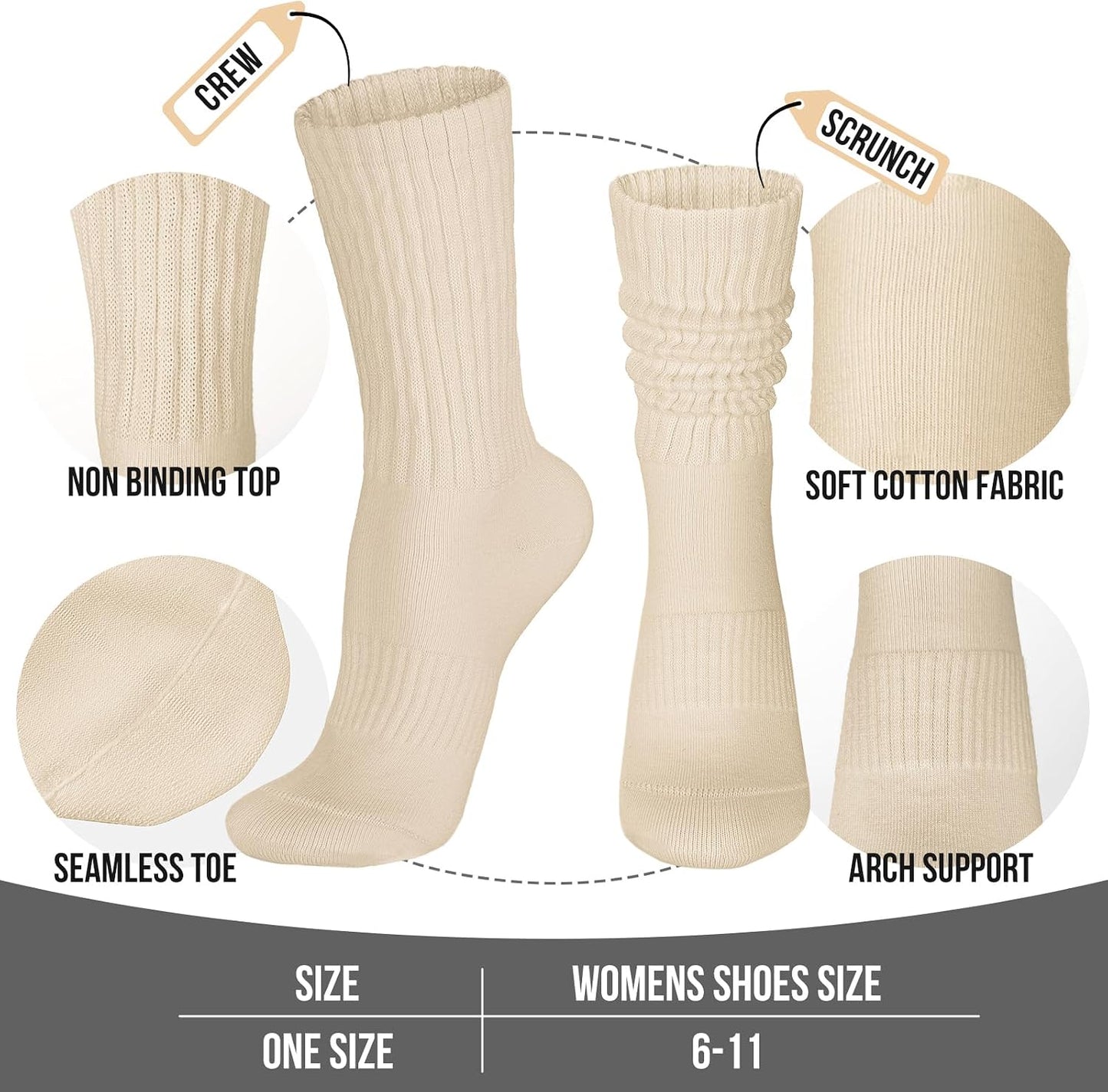 Womens Scrunch Crew Socks: Retro Solid Slouch Mid Calf Socks - Cotton Casual Athletic Socks