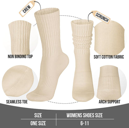 Womens Scrunch Crew Socks: Retro Solid Slouch Mid Calf Socks - Cotton Casual Athletic Socks