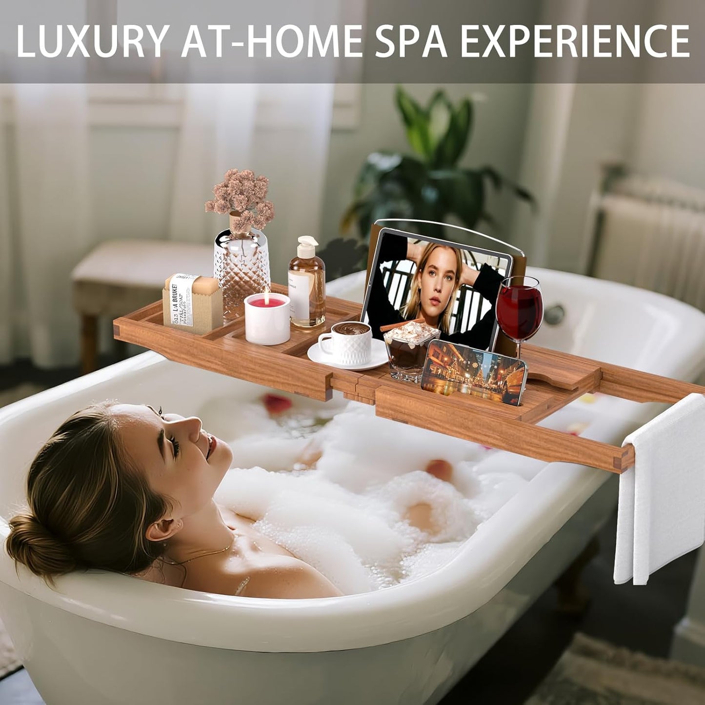 Artmalle Luxury Bathtub Caddy Tray for Tub - Foldable Bamboo Bath Table Tray with Book and Wine Glass Holder, Expandable Bathroom Accessories for Spa or Reading Lite Style