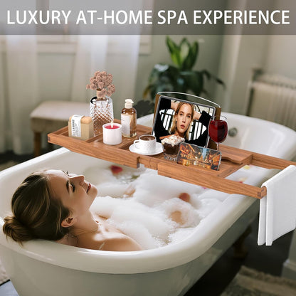 Foldable Bamboo Bathtub Caddy Tray Expandable for Luxury Bath, Bath Accessories & Table with Wine Glass Holder, Book Stand Bathroom Organizer with Extending Sides for Men/Women
