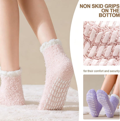5 Pairs Fuzzy Socks with Grips for Women, Non Slip Cozy Fluffy Soft Socks, Winter Sleep Slipper Hospital