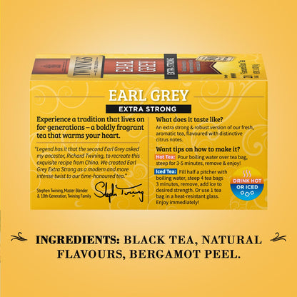 Twinings Earl Grey Tea Extra Strong 2-Pack – A Bright and Zesty Black Tea Infused with Citrus Bergamot Flavours, Caffeinated Tea Bags, Individually Wrapped, 20 Count Ea
