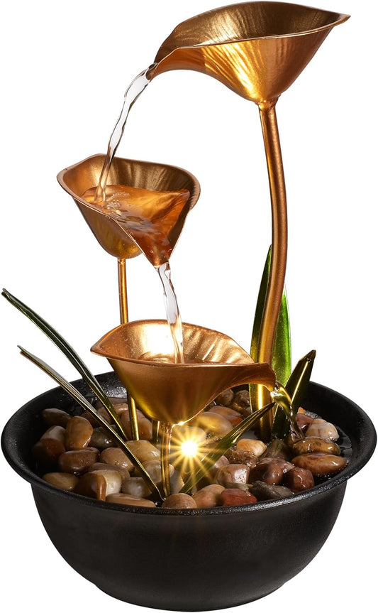 Tabletop Water Fountain Indoor, 10.6" Tiered Bowl Desktop Fountain with LED Light, Modern Zen Metal Waterfall Fountain for Office Desk, Home Office, Bedroom & Living Room Decor, Gold