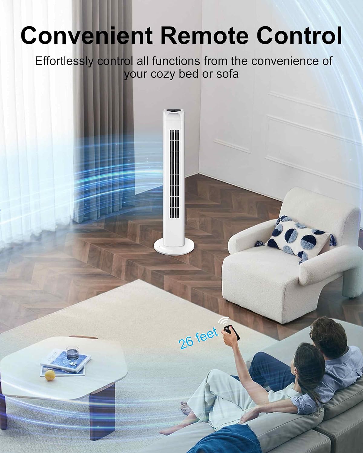Uthfy Oscillating Tower Fan for Bedroom, Portable Standing Fan with Remote, 3 Modes 3 Speeds, 7.5H Timer, 120° Quiet Cooling for Living room, Office, Black