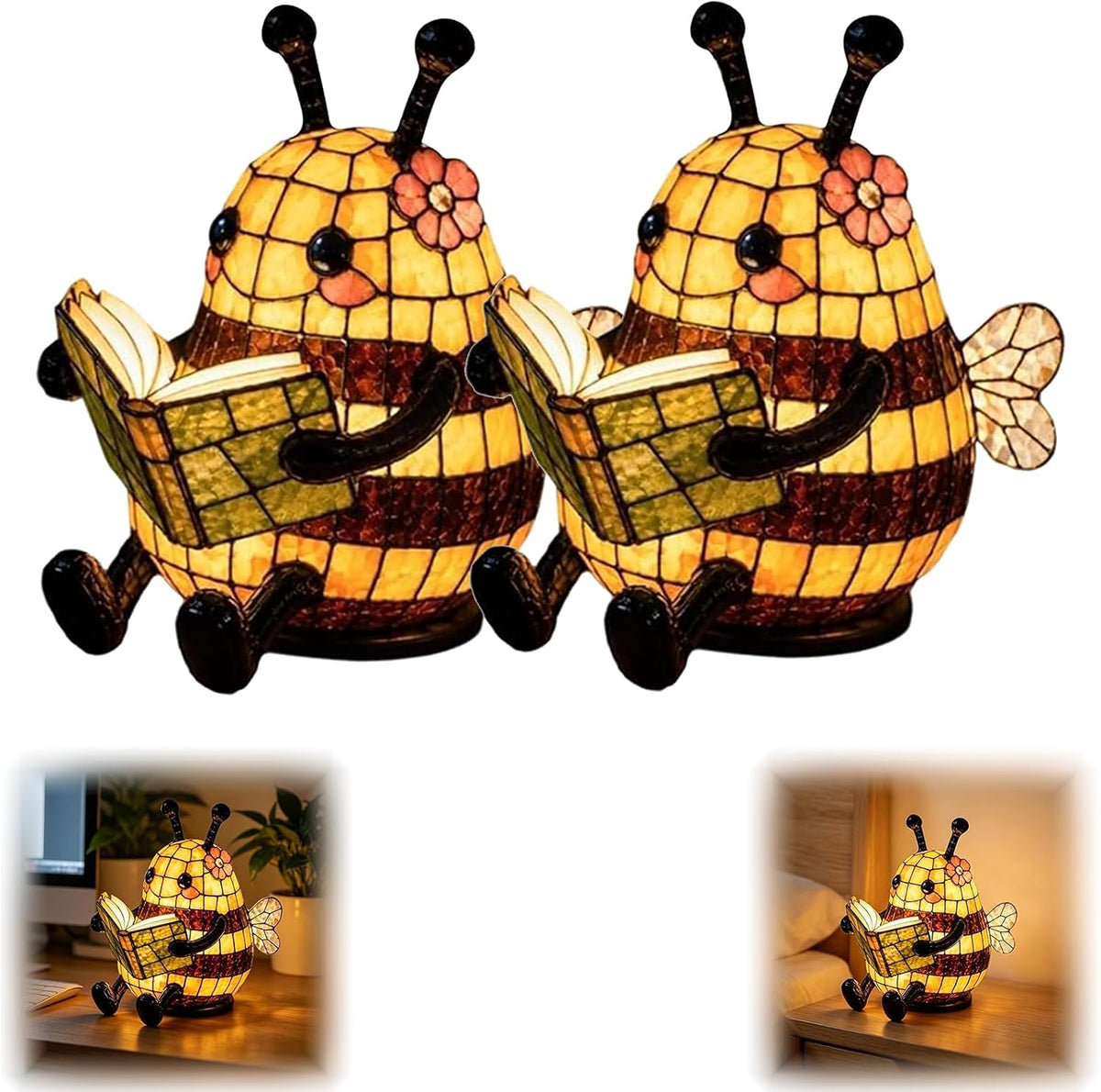 Cute Bee Night Light with Book Design, Warm Glow Animal Table Lamp for Bedroom Desk Bookshelf, Decorative 3D Bee Reading Lamp Gift for Book Lovers，1pc
