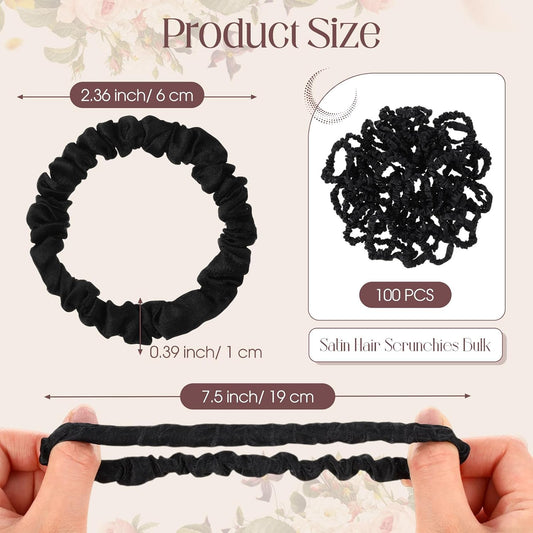100 Pieces Silk Satin Scrunchies Bulk Thin Satin Scrunchies for Women Black Silk Hair Ties for Hair Small Scrunchy Elastic Bands Skinny Ponytail Holder Head Accessories Wrist Decor