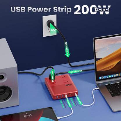 12-in-1 Charging Station USB C Power Strip with 5ft Cord and Plug,200W GaN IV USB C Charger Block,4 AC Outlets,8 USB for MacBook,iPhone 17/16/15,Fast Charging Desktop Charger for Office,Home