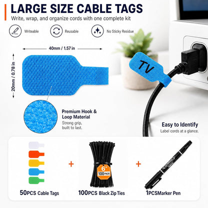 Handwriting Cable Tags Reusable Zip Ties 50PCS,100 Cable Ties & Pen